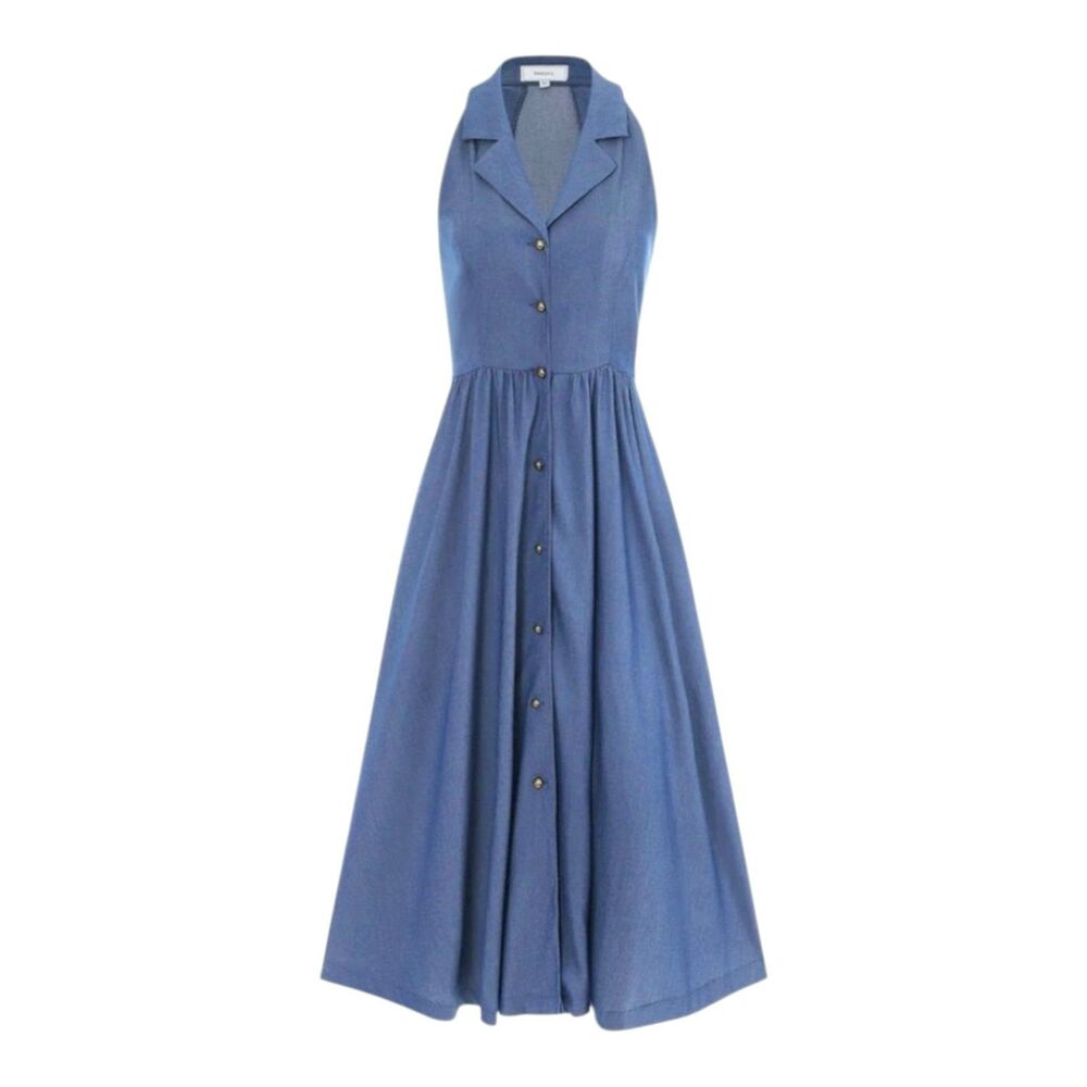 Rihoas The Lapel Sleeveless Midi Dress Womens Small Blue Chambray Button Up - Picture 4 of 12